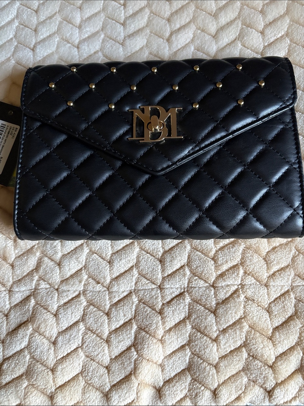 Badgley Mischka Black Quilted Crossbody Clutch with Gold Logo